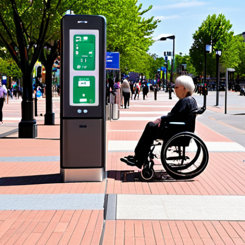 Home 4 **
A vibrant, bustling city plaza. Focus on accessibility: include ramps, tactile paving, and well-designed signage. Diverse people are interacting with ease: wheelchair users, families with strollers, older adults, and people using digital kiosks with clear, user-friendly interfaces. In the background, there are green spaces, smart streetlights, and public transportation options. The overall feeling should be welcoming, inclusive, and technologically advanced, reflecting a human-centered smart city.
**