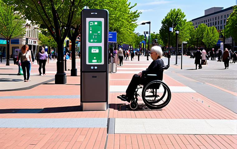 **
A vibrant, bustling city plaza. Focus on accessibility: include ramps, tactile paving, and well-designed signage. Diverse people are interacting with ease: wheelchair users, families with strollers, older adults, and people using digital kiosks with clear, user-friendly interfaces. In the background, there are green spaces, smart streetlights, and public transportation options. The overall feeling should be welcoming, inclusive, and technologically advanced, reflecting a human-centered smart city.
**