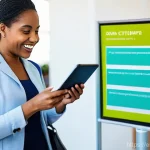 스마트시티 디자인의 효과적인 커뮤니케이션 전략 - **Prompt:** A vibrant, sun-drenched urban community center in a modern smart city. Diverse residents...