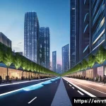 스마트시티 디자인에 적합한 건축 자재 - **Prompt:** "A futuristic urban landscape at dusk, showcasing self-healing infrastructure. The scene...