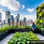스마트시티 디자인에서의 환경 지속 가능성 - A modern urban rooftop garden atop a sleek smart building, featuring lush vertical forests and green...