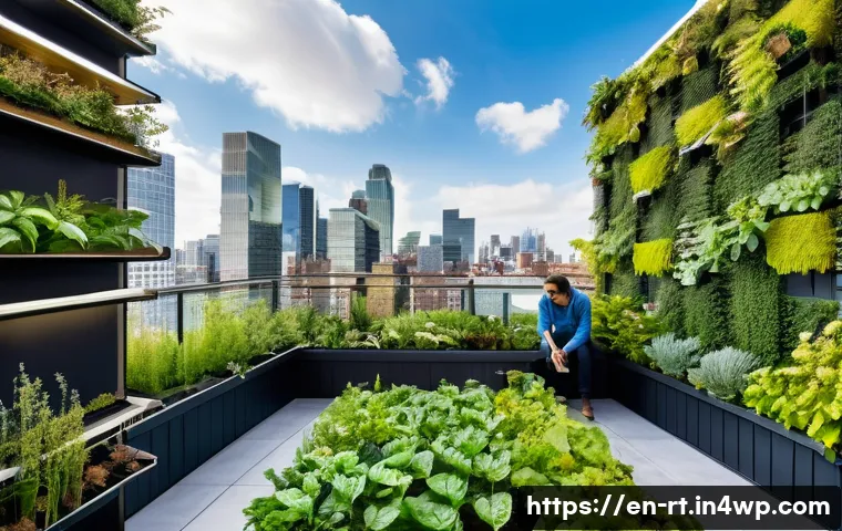 스마트시티 디자인에서의 환경 지속 가능성 - A modern urban rooftop garden atop a sleek smart building, featuring lush vertical forests and green...