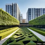 Home 21 스마트시티 디자인에서의 환경 설계 원칙 - A vibrant urban park scene showcasing a green corridor weaving through a modern cityscape, featuring...