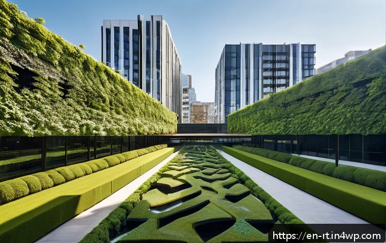 스마트시티 디자인에서의 환경 설계 원칙 - A vibrant urban park scene showcasing a green corridor weaving through a modern cityscape, featuring...