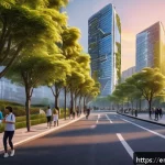 Home 20 스마트시티 디자인과 공공 건강 문제 - A futuristic urban neighborhood at sunset with numerous real-time air quality sensors mounted on str...