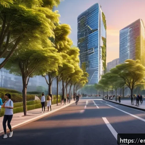 Home 32 스마트시티 디자인과 공공 건강 문제 - A futuristic urban neighborhood at sunset with numerous real-time air quality sensors mounted on str...
