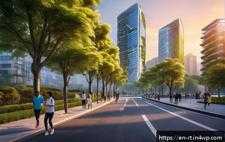 스마트시티 디자인과 공공 건강 문제 - A futuristic urban neighborhood at sunset with numerous real-time air quality sensors mounted on str...