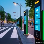 Home 18 스마트시티 디자인과 지역 경제 전략 - A vibrant smart city street scene at dusk featuring dynamic traffic management: illuminated traffic ...