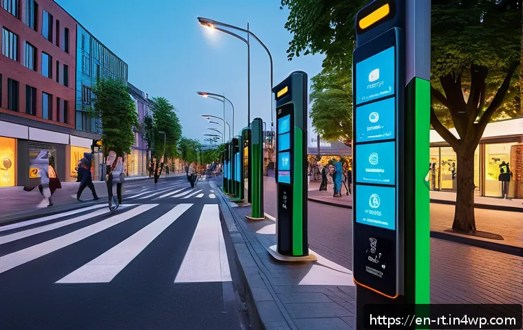스마트시티 디자인과 지역 경제 전략 - A vibrant smart city street scene at dusk featuring dynamic traffic management: illuminated traffic ...