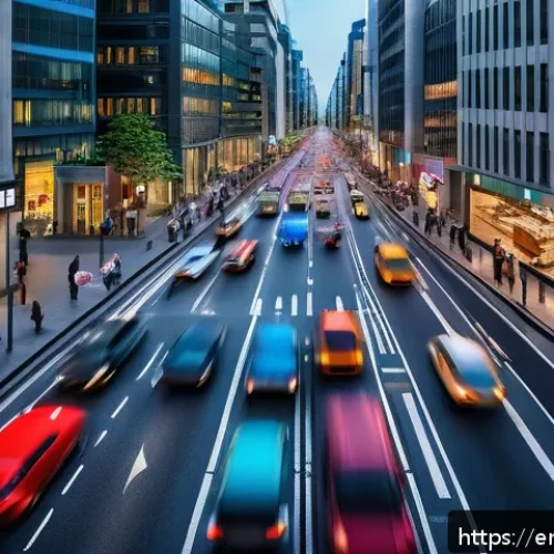 Home 17 스마트시티 디자인에서 IoT의 역할 - A bustling modern city street during rush hour featuring an adaptive traffic management