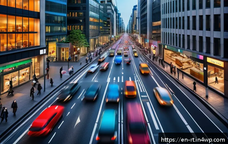 스마트시티 디자인에서 IoT의 역할 - A bustling modern city street during rush hour featuring an adaptive traffic management