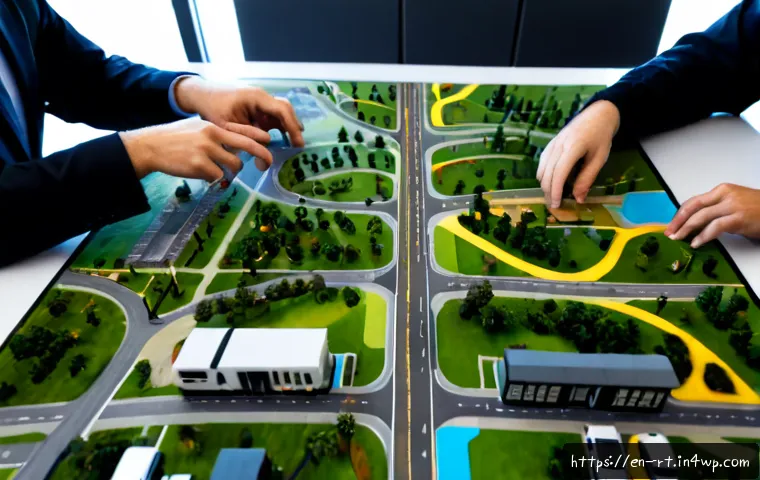 스마트시티 디자인의 법적 고려사항 - Photorealistic wide-angle view of a modern North American smart city planning workshop, diverse urba...