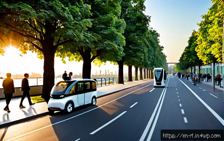 스마트시티 디자인에서의 이동 수단 혁신 - Photorealistic smart city boulevard at sunrise, a sleek autonomous electric shuttle gliding beside a...
